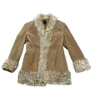 COLEBROOK & CO Vintage Tan Suede Leather Faux Fur Trim Penny Lane Hoodless Coat